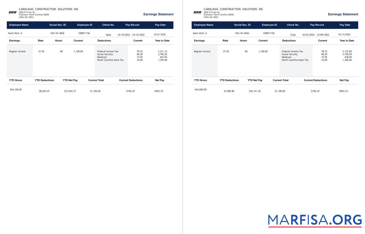 Printable Carolinas Construction Solutions Paystub template